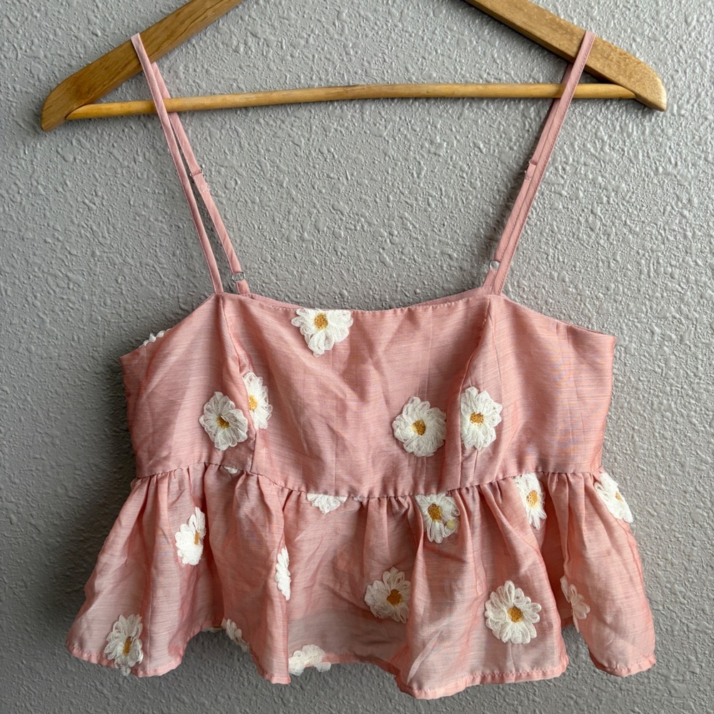 Storia Pink Daisy Peplum Crop Tank Top S